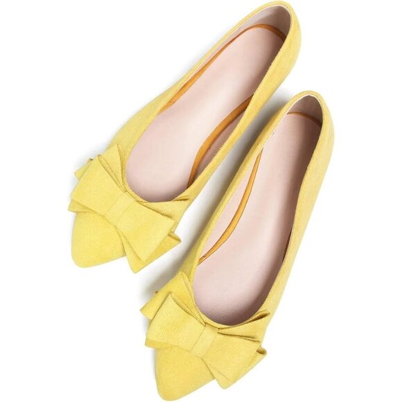 Shoes - Women's Yellow Bowknot Ballet Flats Pointy Toe Casual Flat Shoes Suede